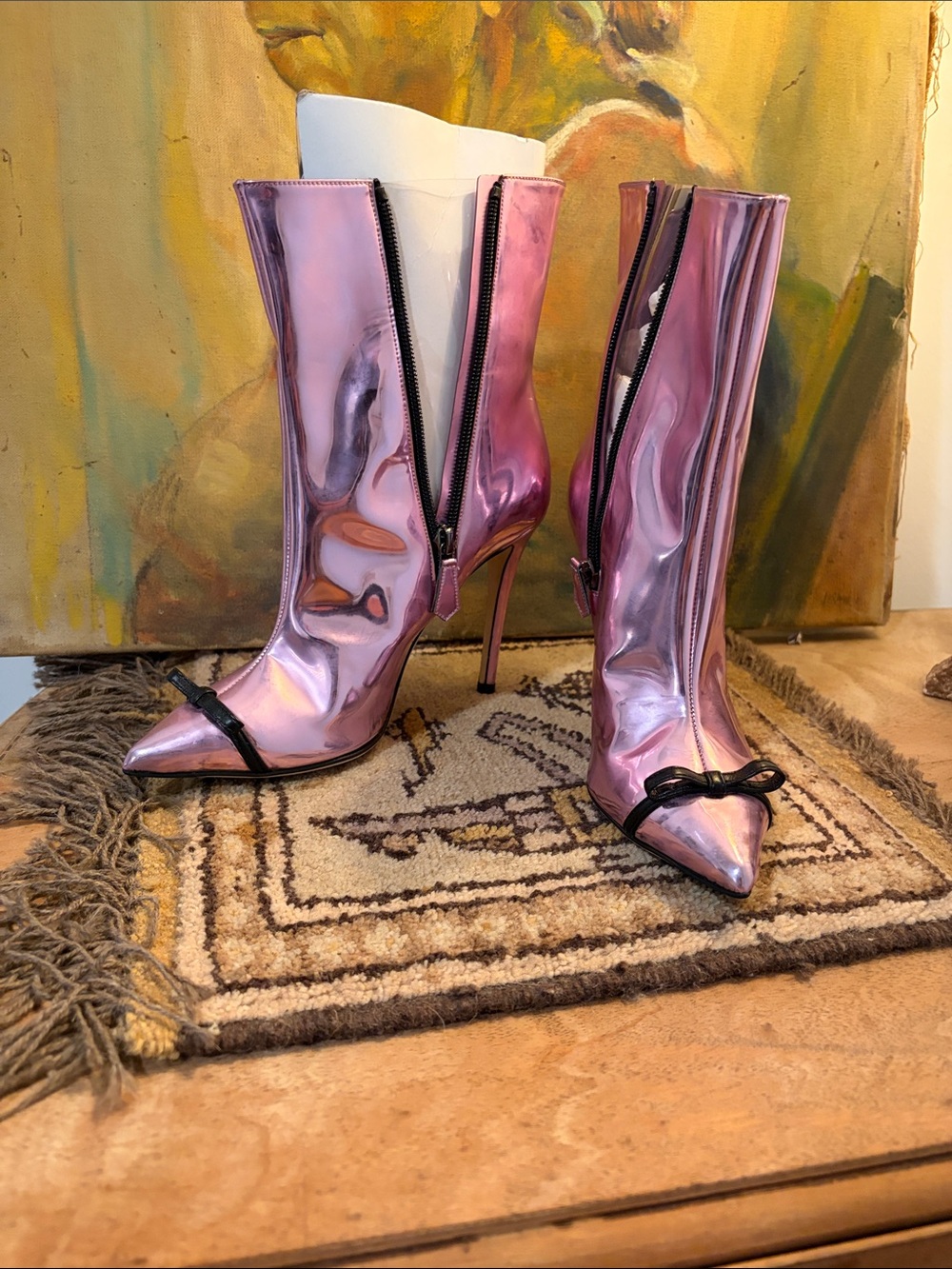 Metallic Pink Pointed-Toe Stiletto Short Boots with Bow Trim SZ 37